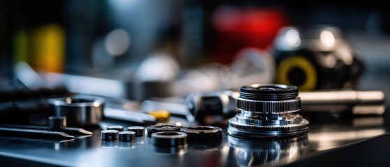 Obraz premium Camera lens and metal tools on a dark surface