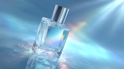 Clear glass perfume bottle on reflective surface