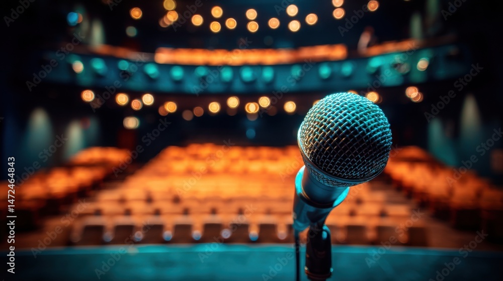 Aufkleber A single microphone stands on a stage, ready for a performance in a dimly lit theater.  The audience seating is blurred in the background, creating a dramatic atmosphere. : Generative AI