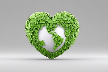 A 3D-rendered Earth made of green leaves with a glowing heart core on a light background