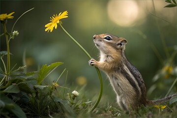 Fototapeta premium Curious Chipmunk with Yellow Flower in Lush Greenery Close-Up Photography
