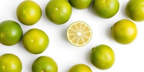 Several bright green limes, whole and juicy, arranged on a pristine white background, agriculture, fresh