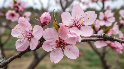 Obraz premium A close-up capture of pink cherry blossoms with fine detail, showcasing their delicate petals in a peaceful spring setting