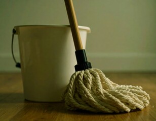String mop and bucket on wooden floor near white wall