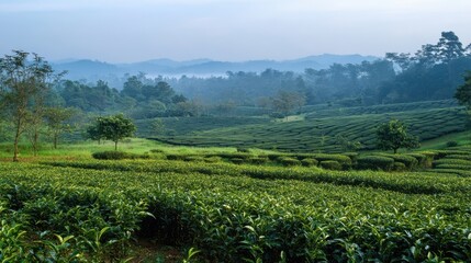 Naklejka premium Lush Green Tea Fields with Rolling Hills and Misty Background in Landscape