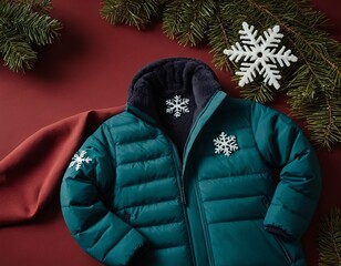 Cozy green puffer jacket with snowflake patterns, perfect for winter vibes and seasonal fashion trends.
