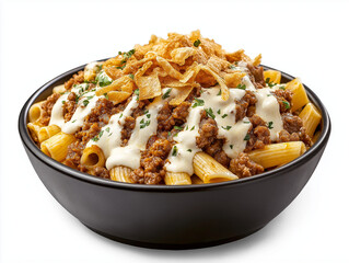A black bowl filled with tender rigatoni pasta smothered in a creamy white cheese sauce, topped with a generous layer of cheeseburger-flavored ground beef, drizzled with smoky barbecue sauce, and fini