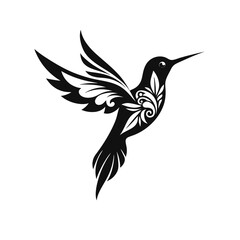 Hummingbird flying with floral tribal details silhouette vector image on white background