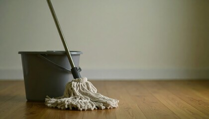 String mop and bucket on wooden floor near white wall
