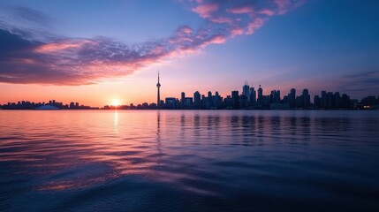 Fototapeta premium Toronto skyline at sunset, showcasing the CN Tower and city buildings reflected in calm lake water, with a vibrant pink and purple sky. : Generative AI