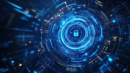 Abstract Blue Glowing Padlock in Swirling Technological Background