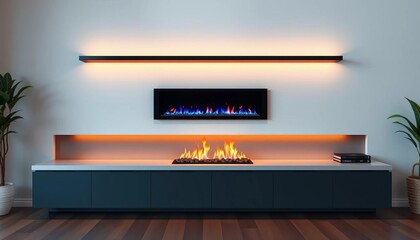 Sleek minimalist gas fireplace mantel with floating shelves and linear design, elegant, mantel