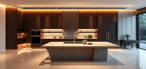 Sleek modern kitchen, elegant stone island, soft ambient lighting, ample counter space, photo, interior design