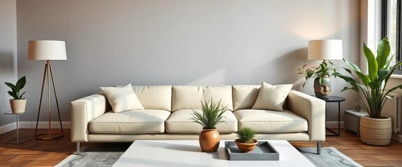 Sleek modern sofa, vintage lamp, potted plants, & head sculpture near coffee table in stylish living room,   texture,  contemporary