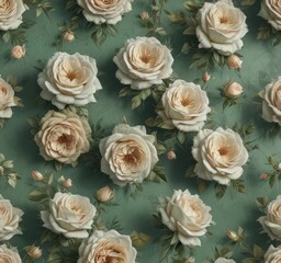 Muted green floral grunge background, faded roses and subtle texture, stock, antique