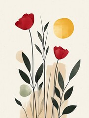 Stylized botanical art featuring red flowers, green leaves, and a sun-like yellow circle on cream background.