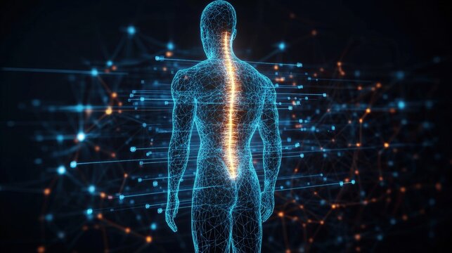 Digital representation of human body with glowing spine among connecting dots in futuristic environment.