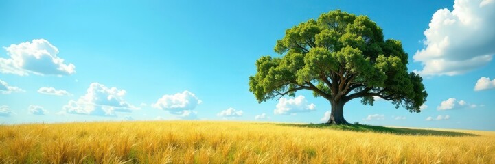 Ancient oak, solitary in vast field, vivid blue sky, photo, majestic
