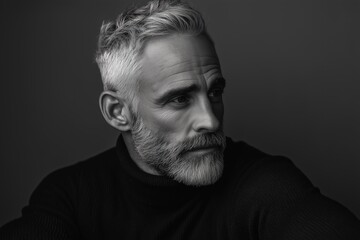 grey-haired man with groomed beard sitting in photo studio, plain background 
