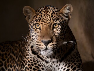 Obraz premium Close-up of a majestic leopard with striking yellow eyes and distinctive spotted fur, exuding power.
