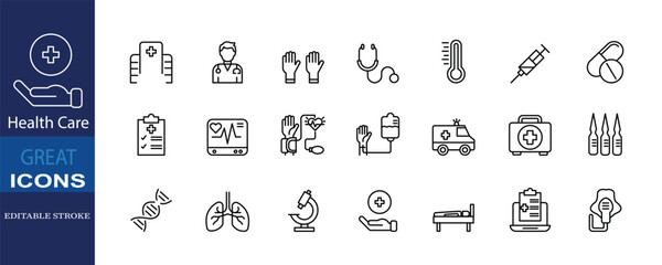 Set of 23 editable thin line icons related to health care and medical services. Includes symbols such as hospital, doctor, medical gloves, stethoscope, syringe, pills, thermometer, vaccine, DNA, lungs