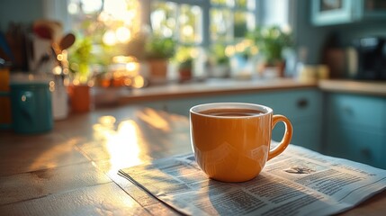 Morning coffee and newspaper. Sunlight streams into a cozy kitchen
