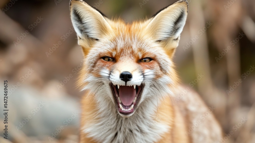 Poster close-up portrait of a red fox with its mouth open, showing sharp teeth, in a natural outdoor settin