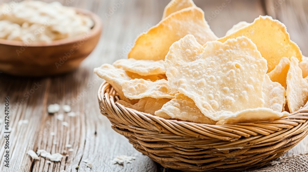 Poster crispy, golden-brown flatbreads, dusted with powdered sugar, rest in a rustic wicker basket on a woo