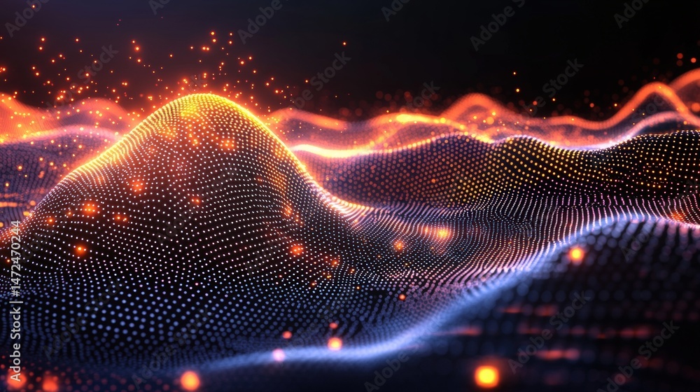 Poster an abstract network of connected glowing dots forms a landscape of undulating waves against dark bac