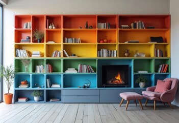 Modern Colorful Living Room Interior with Fireplace and Shelves