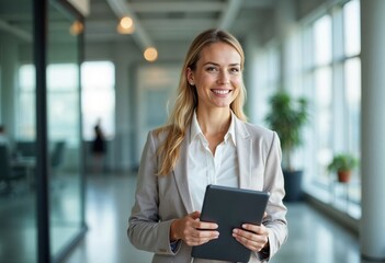 Smiling Businesswoman Holding Digital Tablet in Office Space