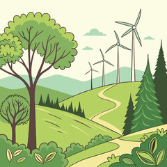 Eco Friendly Energy Landscape Vector with Wind Farms and Greenery
