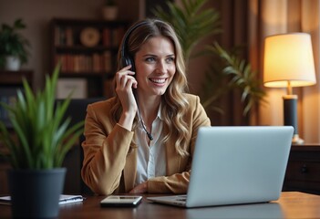 Multitasking Woman Using Laptop and Smartphone at Desk