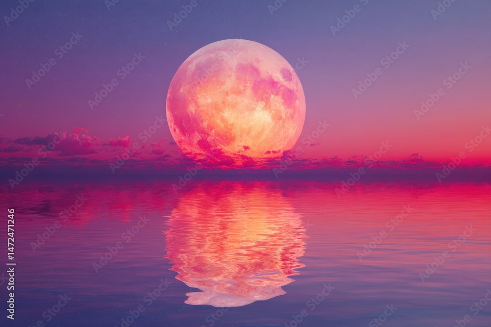 Aufkleber a giant pink moon sets over a calm, pink ocean, its reflection shimmering on the water's surface und