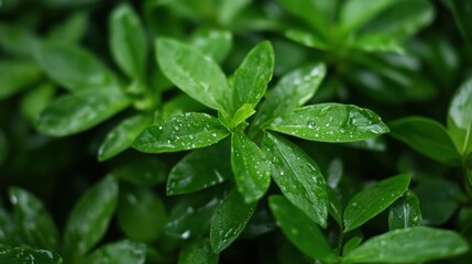 Close-up view of lush green leaves glistening with morning dew, showcasing vibrant, healthy foliage and a refreshing natural scene. : Generative AI