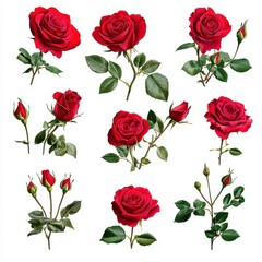 A Beautiful Collection of Bright Red Roses with Leaves Displayed on a White Background for Freshness and Elegance in Floral Design and Decoration