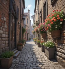 Fototapeta premium Narrow cobblestone street, overflowing window boxes, bright blooms , scenic, Tuscan, vibrant