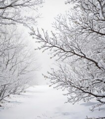 Snow-covered branches on a bright white background , isolated background, snow scene, branch photography