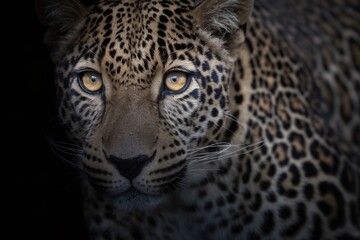 Fototapeta premium Close-up of a majestic leopard showcasing its striking golden eyes and distinct spotted fur.