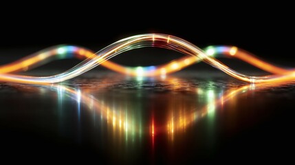 Abstract wavy light trails on a reflective surface against a dark background.