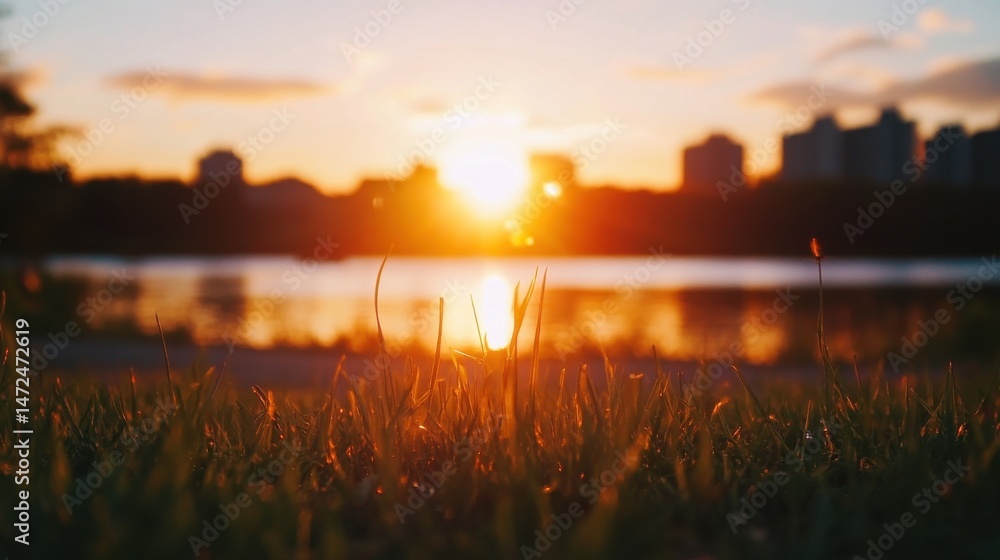 Poster golden sunset illuminates blades of grass near a calm lake, with a blurred cityscape in the backgrou