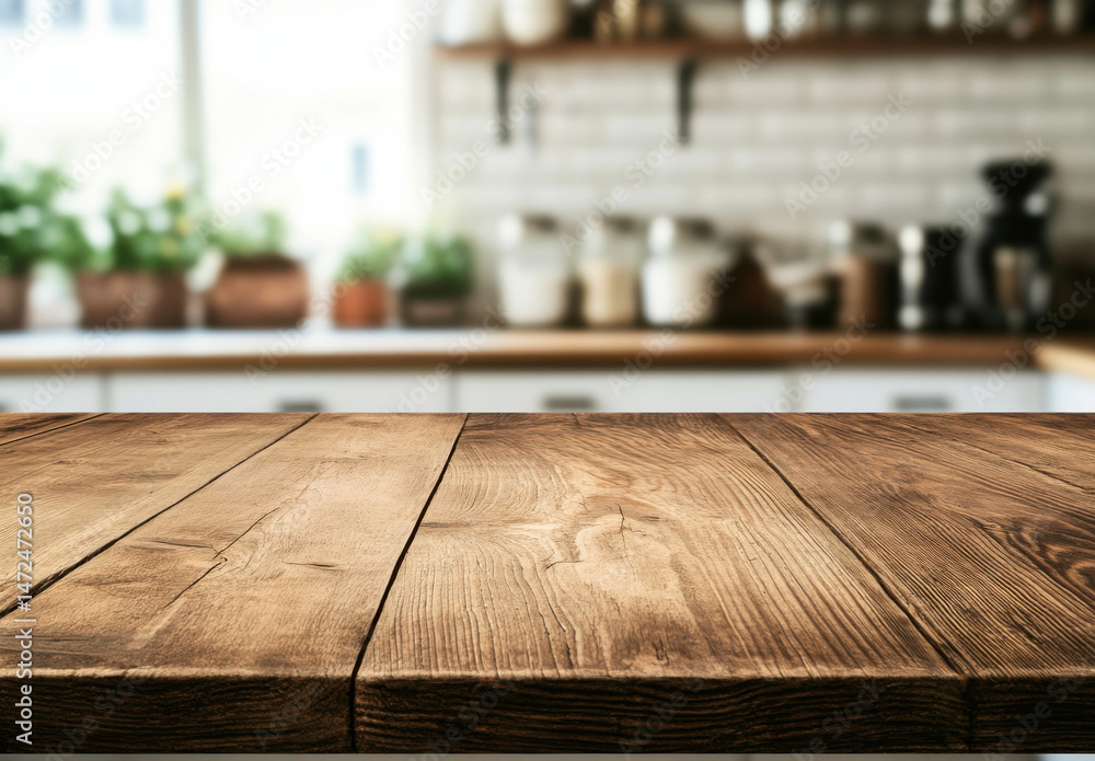 Poster rustic wooden table top in front of a blurred modern kitchen background, perfect for product placeme