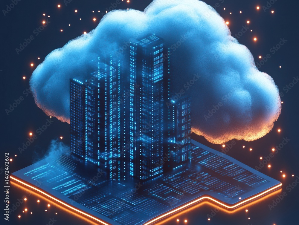 Poster futuristic cityscape emerging from a cloud on a circuit board