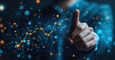 A person's hand interacts with a digital holographic projection showing a fluctuating upward trending graph, symbolizing growth and data analysis in a futuristic business context. : Generative AI