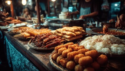A vibrant street food stall displays an array of delicious Asian dishes, including satay skewers, fried pastries, crispy fried snacks, and vermicelli noodles. : Generative AI