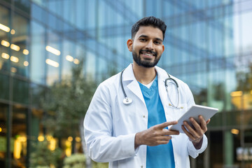 An Indian doctor smiles while using a tablet in front of a modern glass building, a scene capturing...