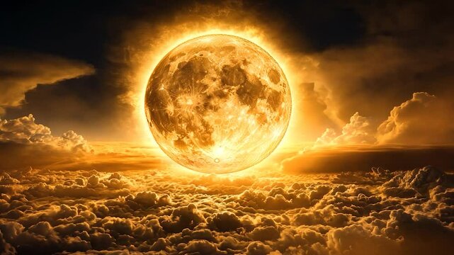 Fiery Celestial Orb: A Dramatic Full Moon Above Golden Clouds