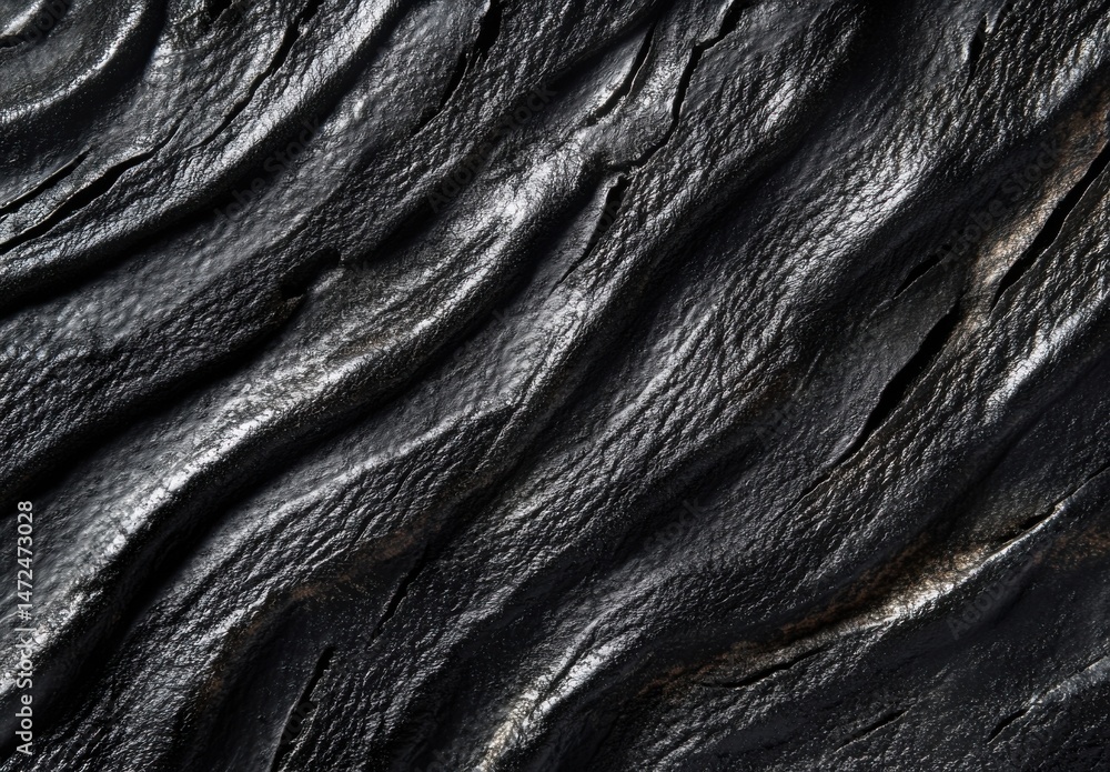 Poster Abstract dark gray and black textured surface with wavy patterns and subtle cracks, resembling dark stone or volcanic rock, ideal for backgrounds or design elements. : Generative AI