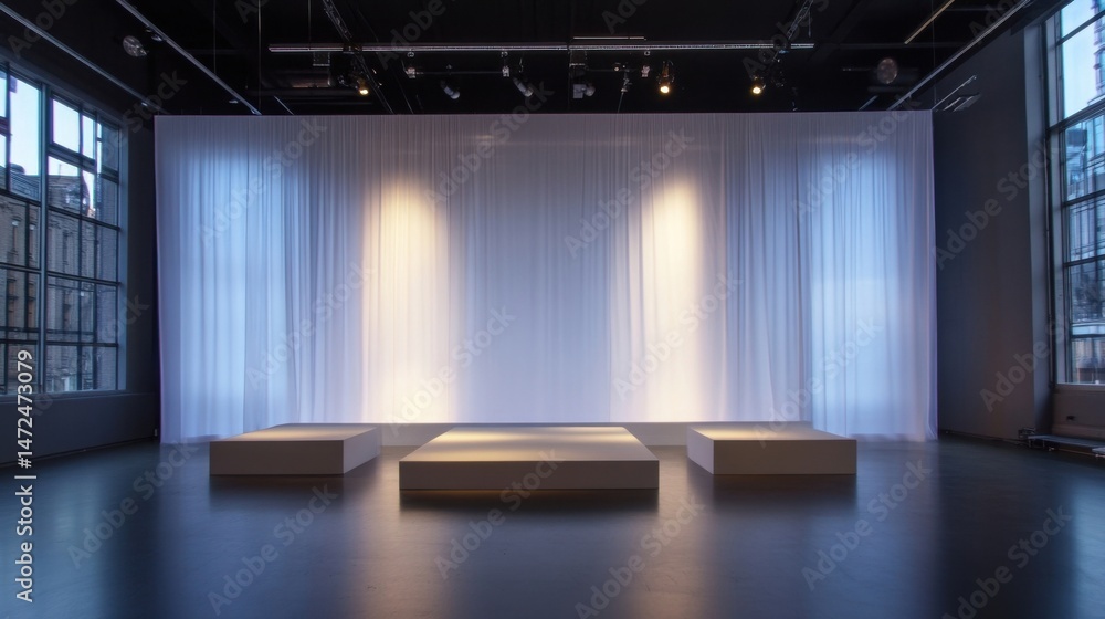 Poster modern minimalist event space with white sheer curtains, three podiums, and large windows offering c