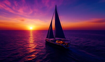 Sailboat Silhouette Cruising at Sunset with Beautiful Colors Over The Open Ocean